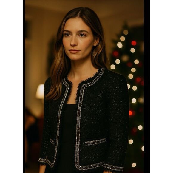 CHICOS TWEED EVENING JACKET METALLIC OPEN FRONT ELEGANT COCKTAIL HOLIDAY  1 M - Picture 1 of 12
